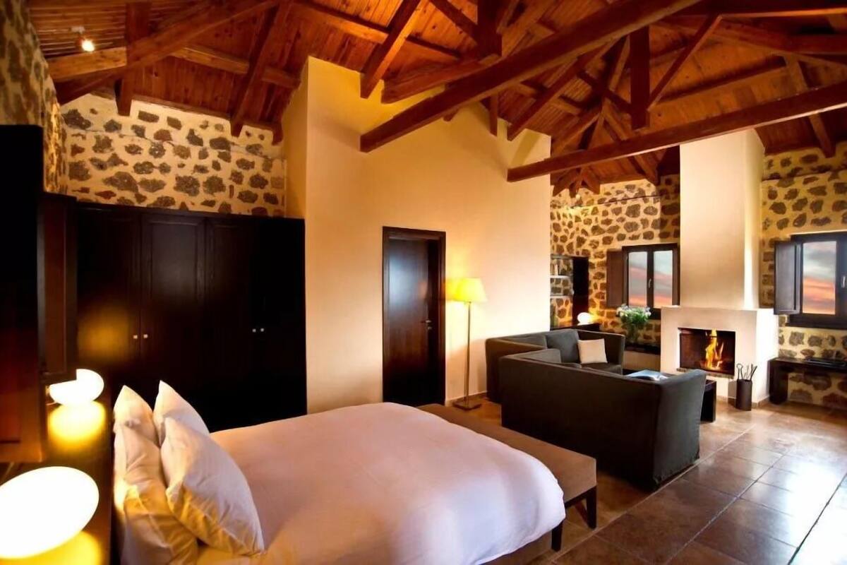 A bedroom with a bed, a desk, a sofa, and a fireplace.