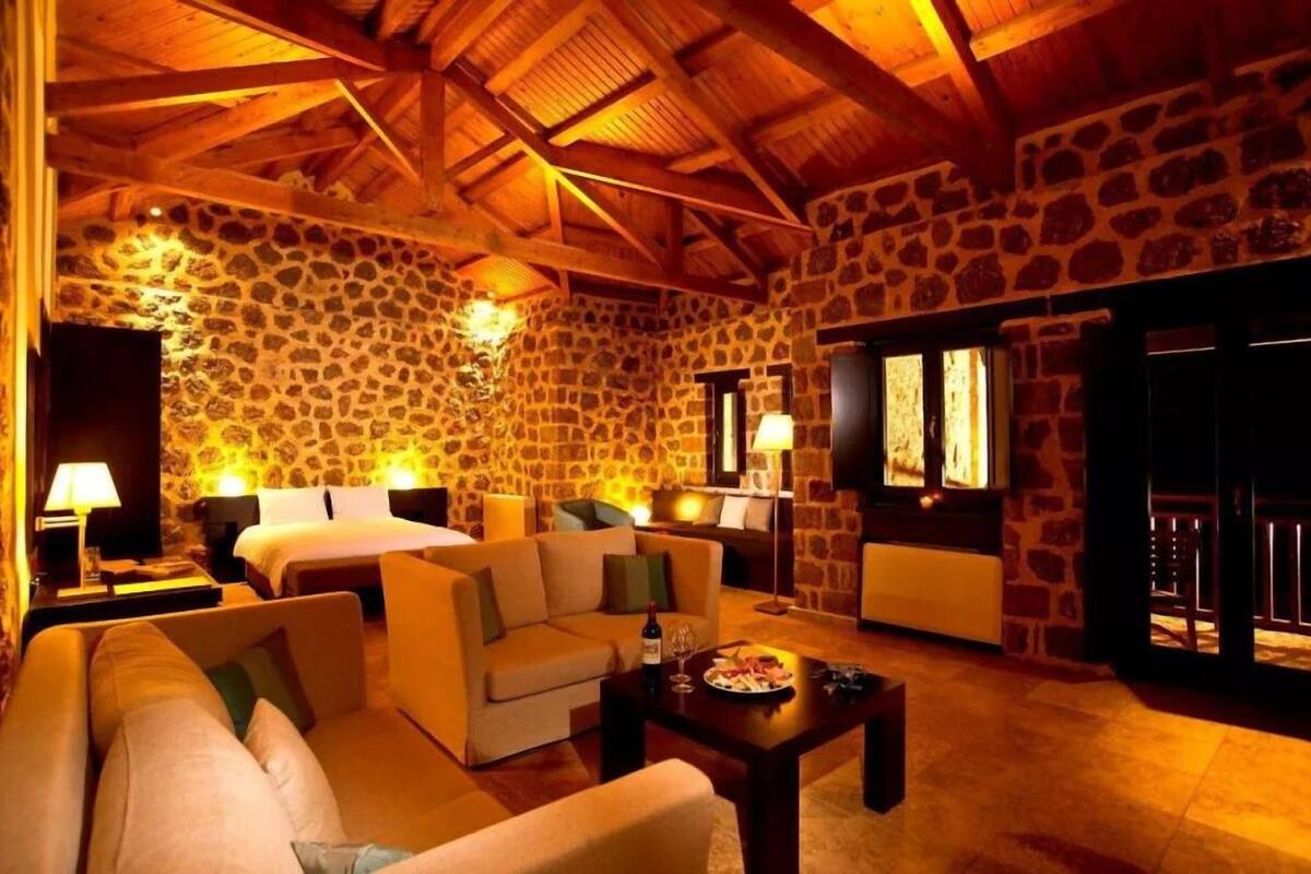 A cozy room with a stone wall, a bed, a sofa, and a fireplace.