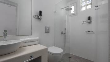 Un baño moderno con ducha de vidrio, un lavabo blanco y un inodoro.