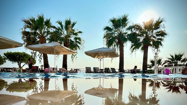 Zona de piscina con palmeras y sombrillas, que refleja el entorno.