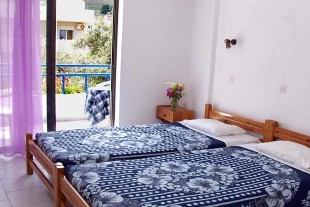 A room with two beds, a wooden headboard, a nightstand with a vase of flowers, and a view of the outside balcony.