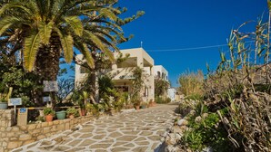 A stone-paved pathway leading to a building with a sign reading "Hotel Studios." - Montemar Studios & Apartments (Karpathos)