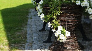Un banco de mimbre con flores blancas, un árbol pequeño y una lámpara de pared.