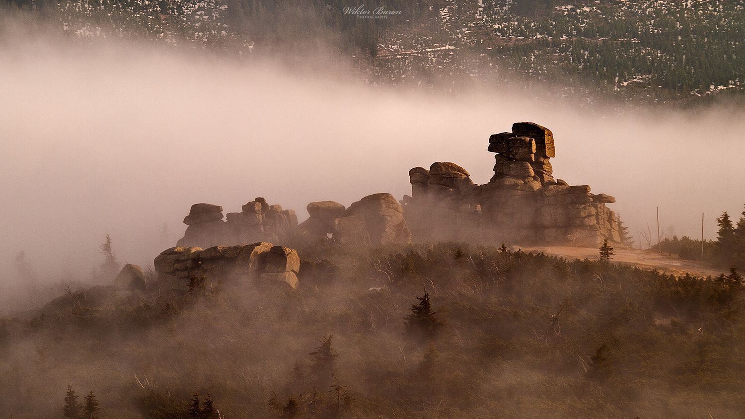 Een rotsachtig landschap met een opvallende rotsformatie in het midden, omringd door bomen en mist.