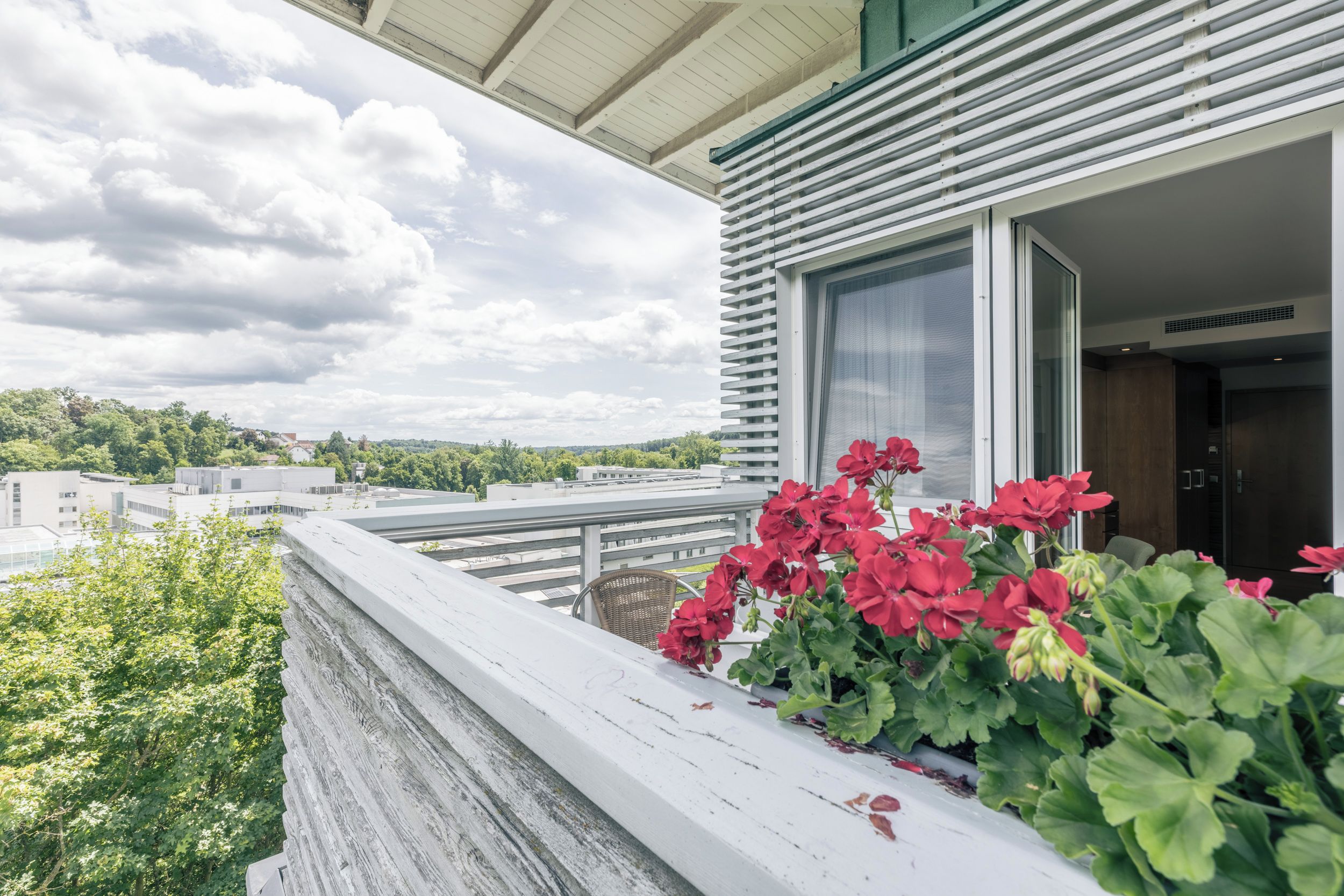 Un balcón con vistas a la ciudad, una ventana con vistas al cielo y una planta en maceta con flores rojas.