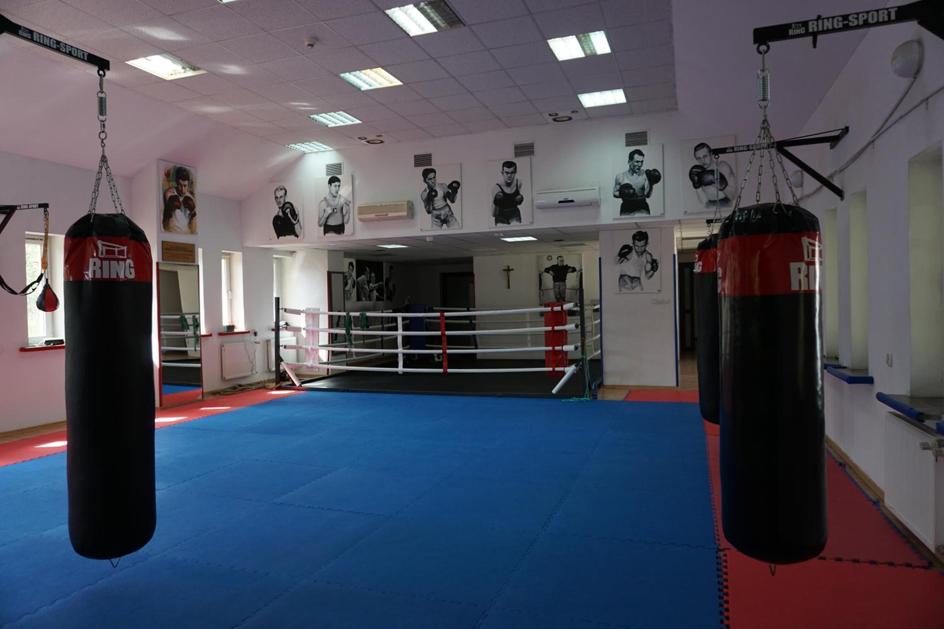 A boxing ring with red and black pads, a blue mat floor, and a ceiling with fluorescent lights.