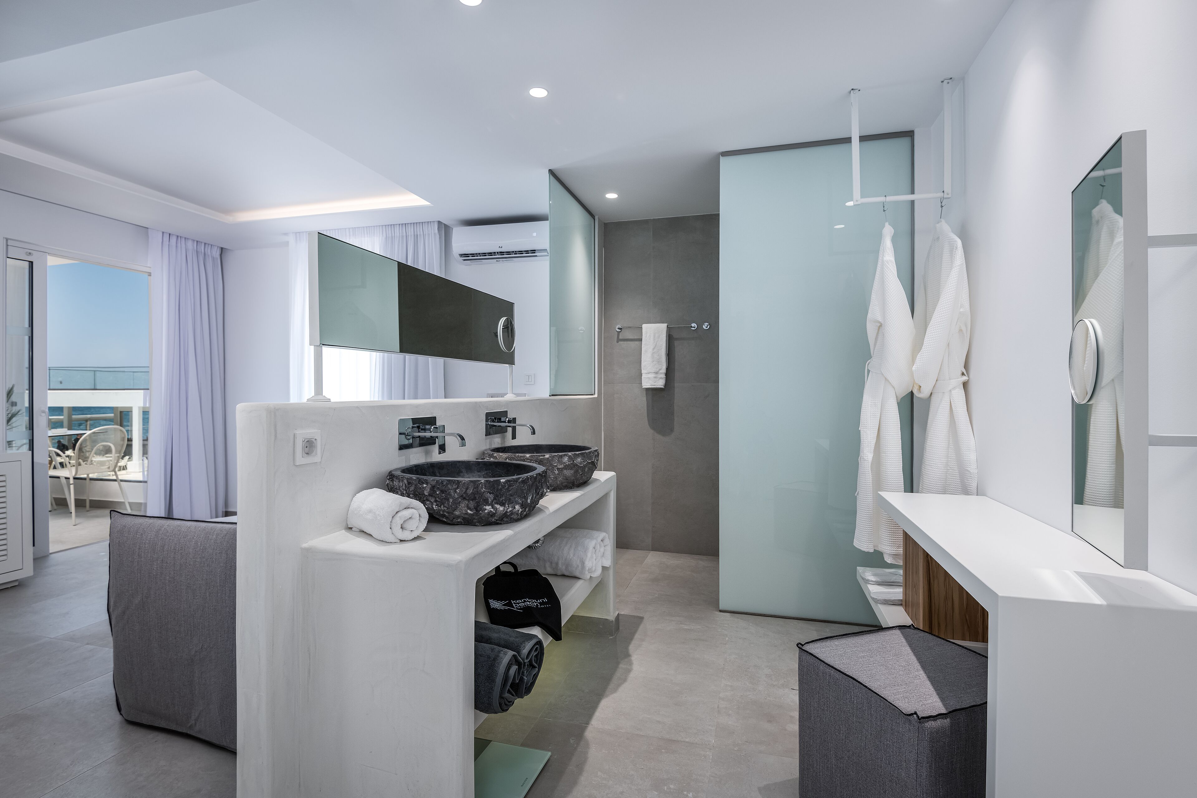 shower, designer toiletries, hair dryer, bathrobes