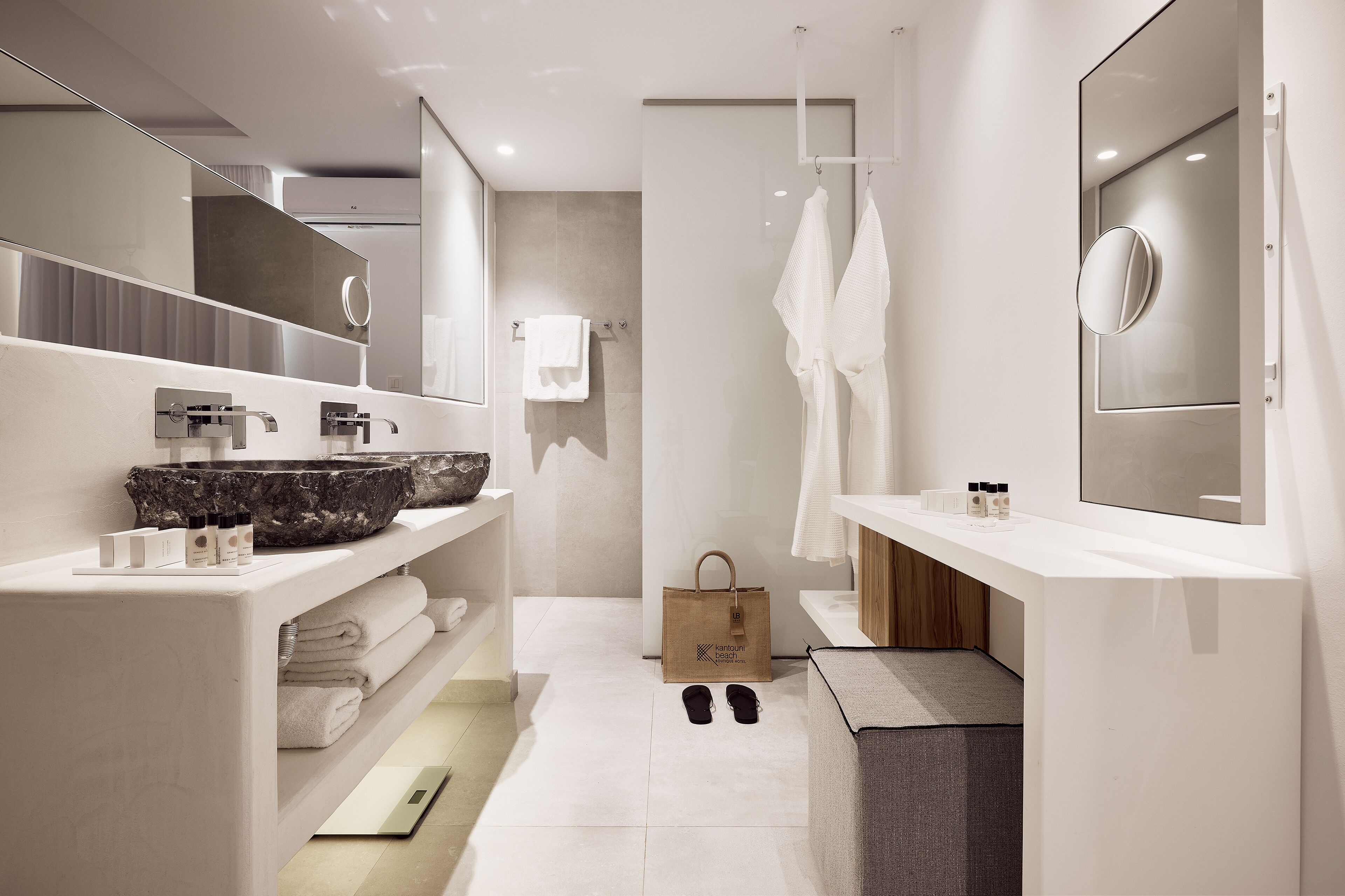 shower, designer toiletries, hair dryer, bathrobes