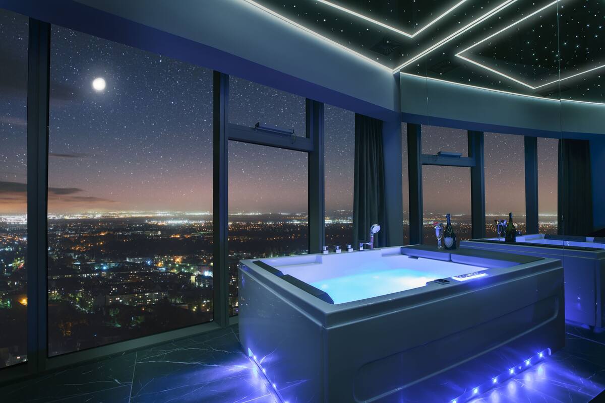 Ein modernes Badezimmer mit einer großen Badewanne, Blick auf die beleuchtete Stadt und einem durch die Fenster sichtbaren Sternenhimmel.