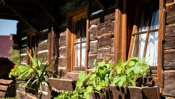 A rustic wooden cabin with multiple windows and wooden planters with green plants. - Gasthof ZUM KRAMER (Gurk)