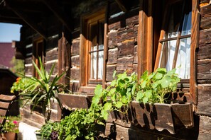 Una cabaña rústica de madera con múltiples ventanas y macetas de madera con plantas verdes.