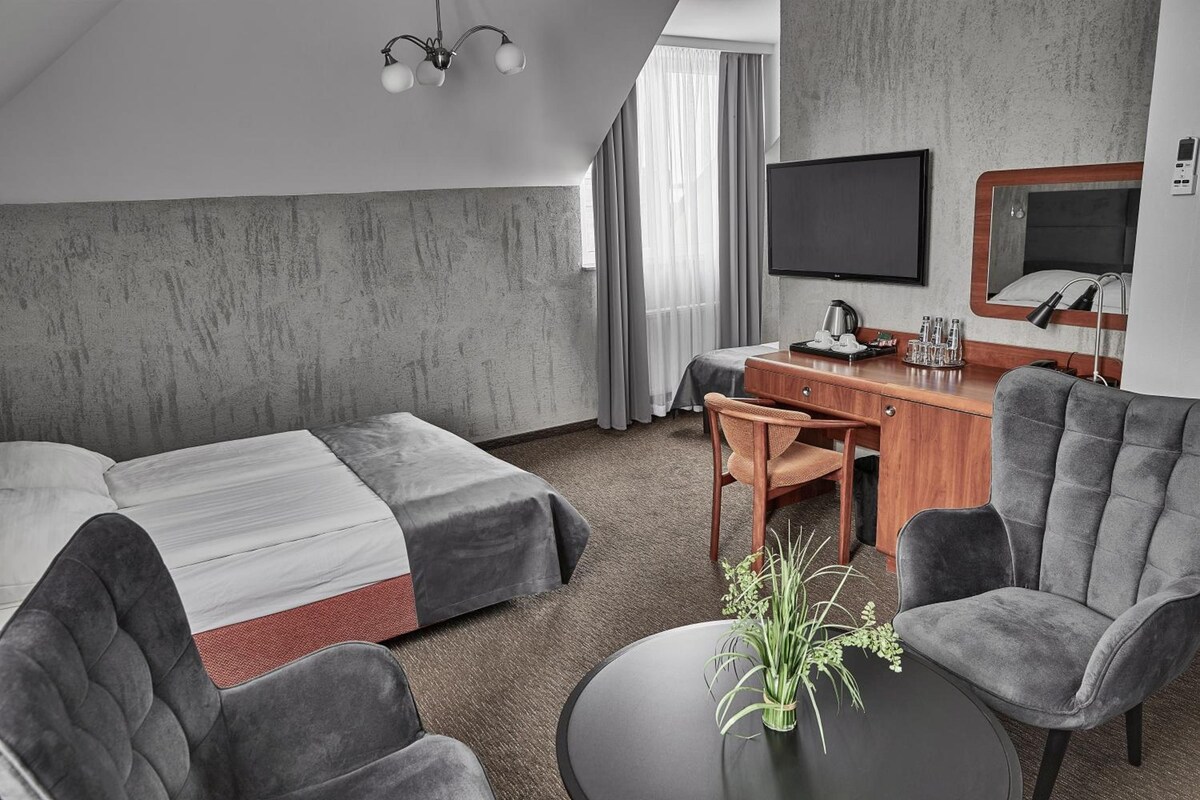 A hotel room with two beds, a desk with a chair, a TV, and a small table with a plant.