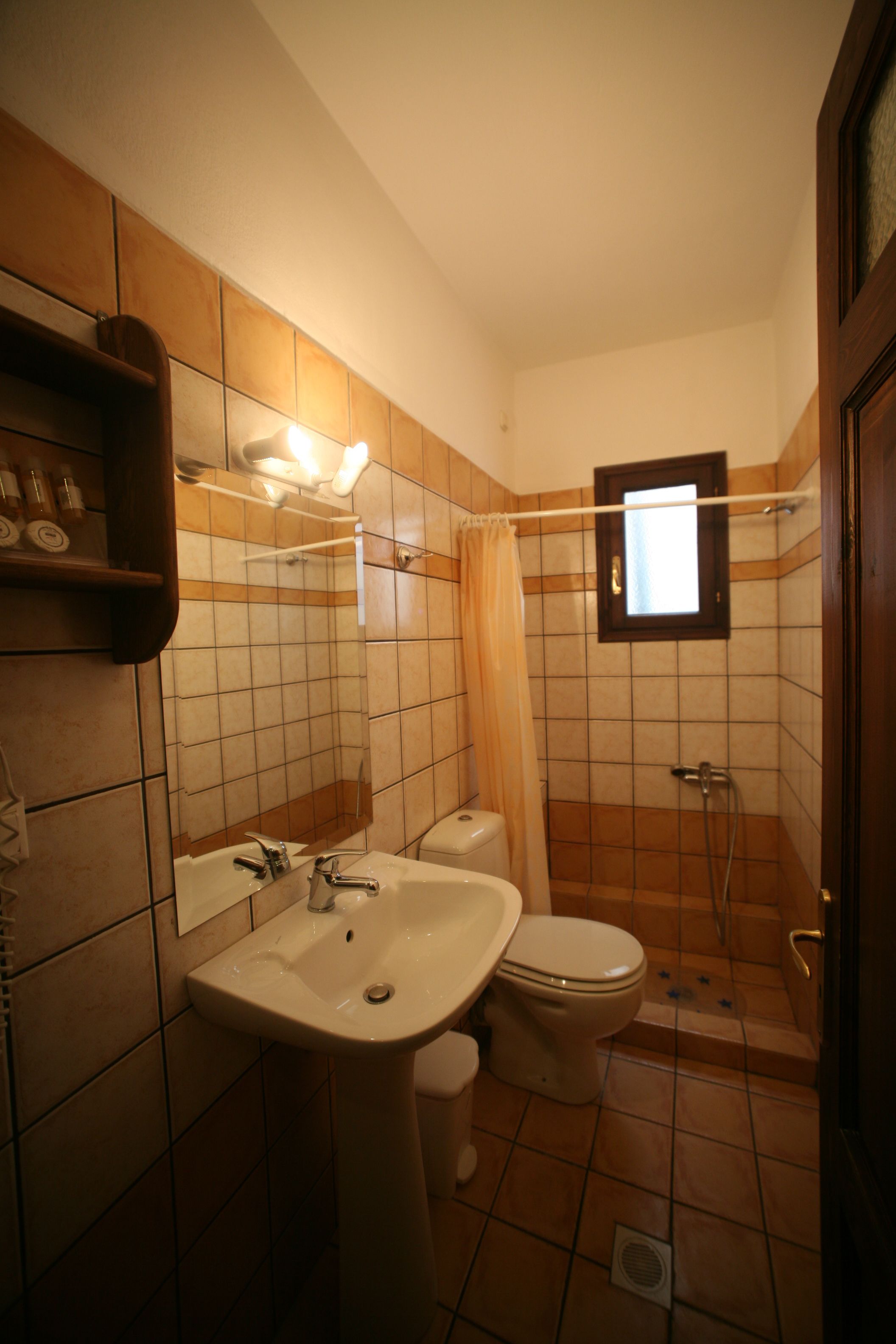 Un baño con lavamanos, inodoro y ducha.