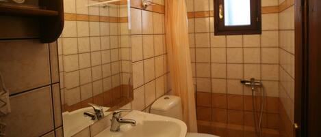 Un baño con lavamanos, inodoro y ducha.