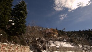 A multi-story building with a stone wall in the foreground, surrounded by snow-covered trees and a clear sky. - Kroupi Hotel (Pyli)