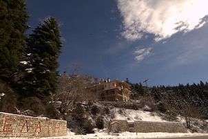 Un edificio de varios pisos con un muro de piedra en primer plano, rodeado de árboles cubiertos de nieve y un cielo despejado.