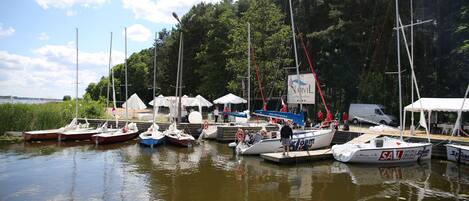 A marina with several boats docked, surrounded by trees and a clear sky.