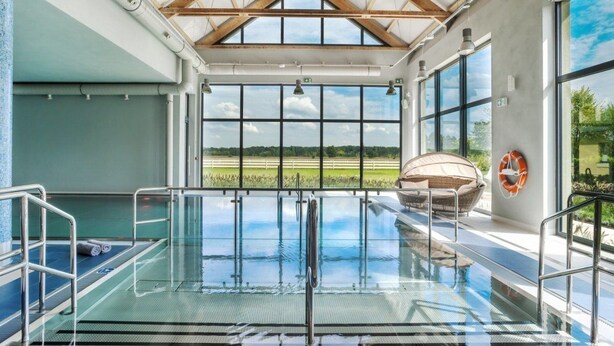 A swimming pool with a glass barrier, wooden beams, and a view of a green landscape. - Sielanka nad Pilicą (Warka)