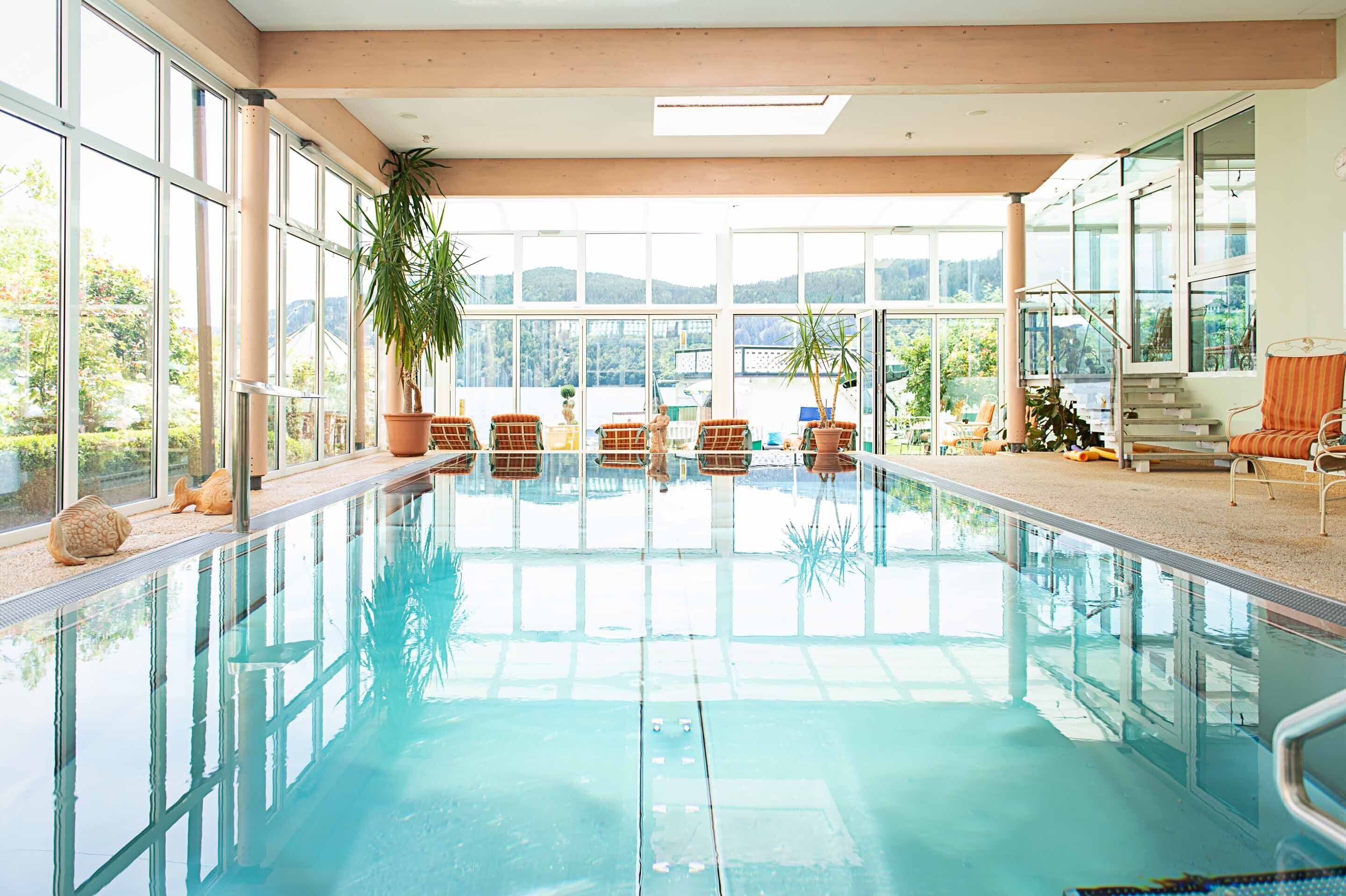 indoor pool, pool loungers