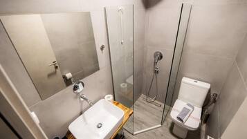 A modern bathroom with a glass shower enclosure, a sink, and a toilet.
