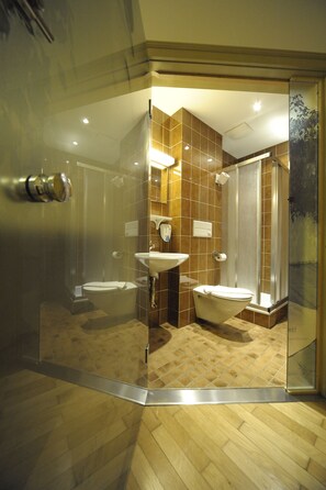 A modern bathroom with a glass shower enclosure, a sink, and a toilet.