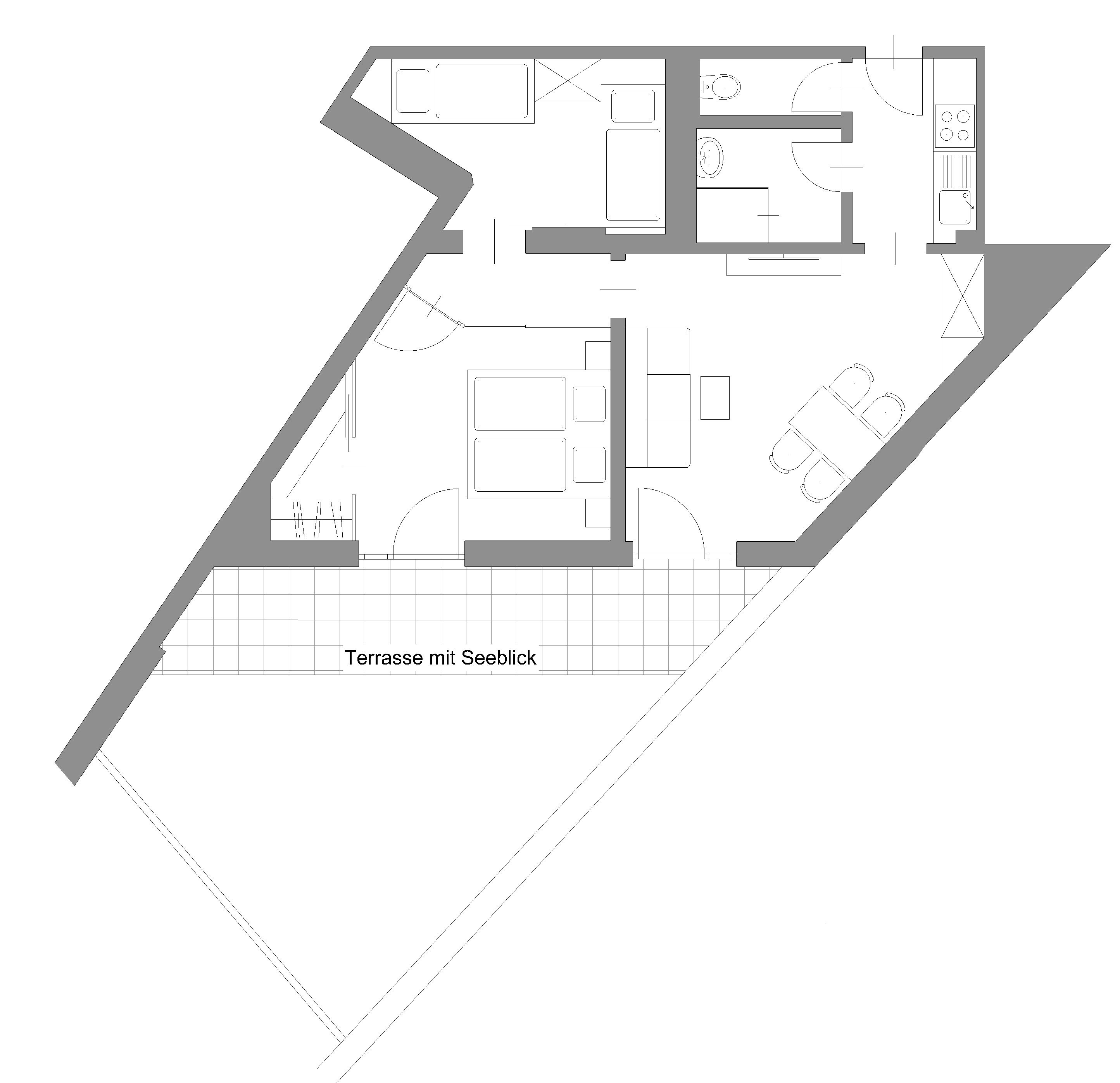 A floor plan of a building with a terrace with a view.
