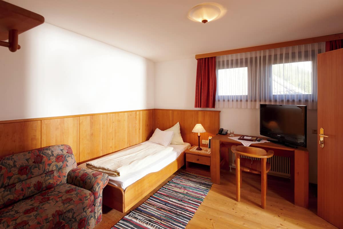 Una habitación con cama, televisión, escritorio y sofá.