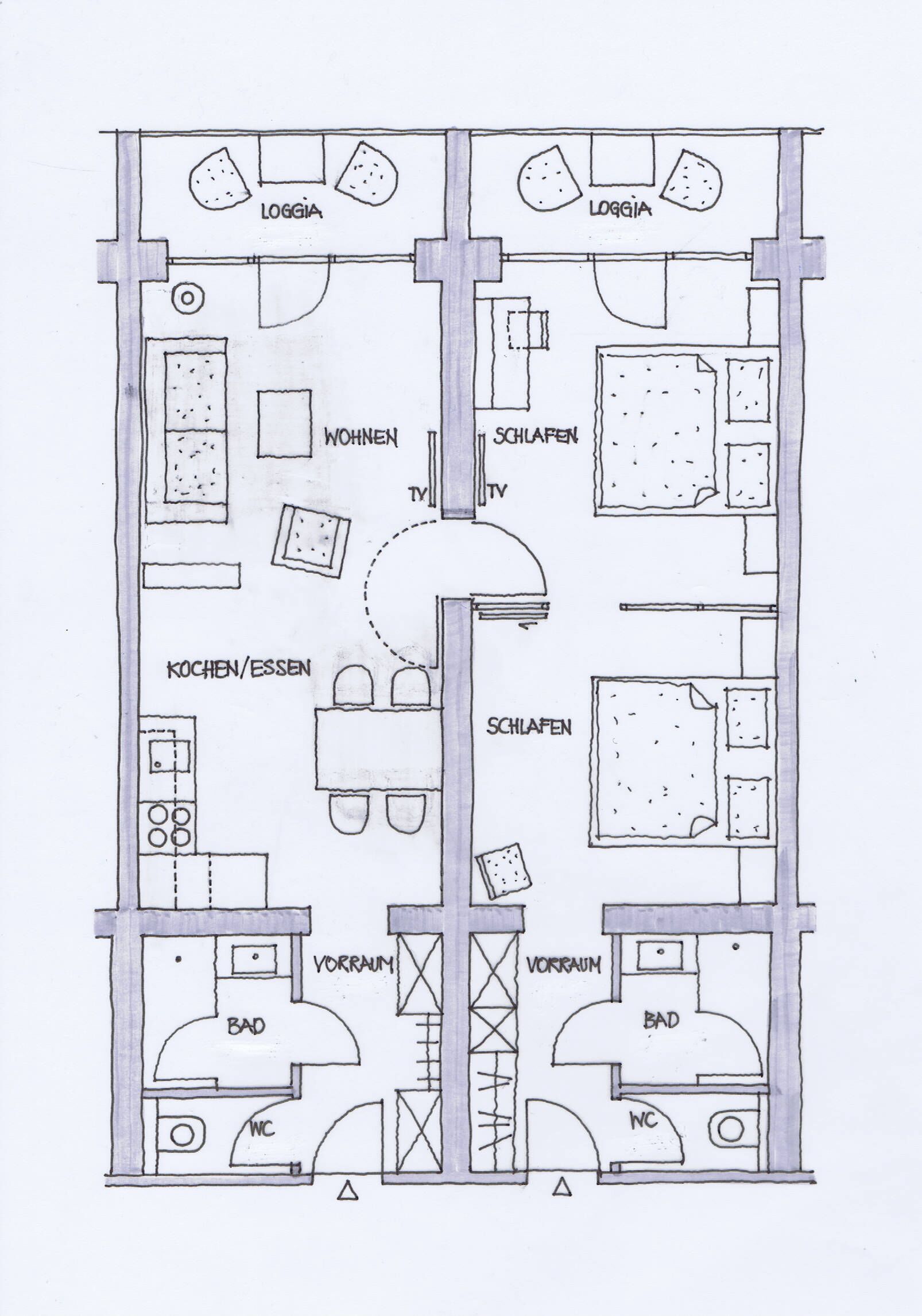 Ein Grundriss eines Hotels mit zwei Loggien, einem Wohnzimmer, zwei Schlafzimmern, einer Küche und zwei Bädern.