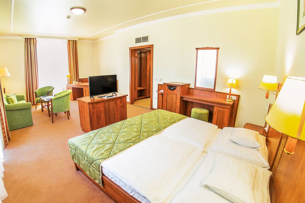 Una habitación de hotel con una cama, un escritorio con televisor, una silla, un aparador y un espejo.