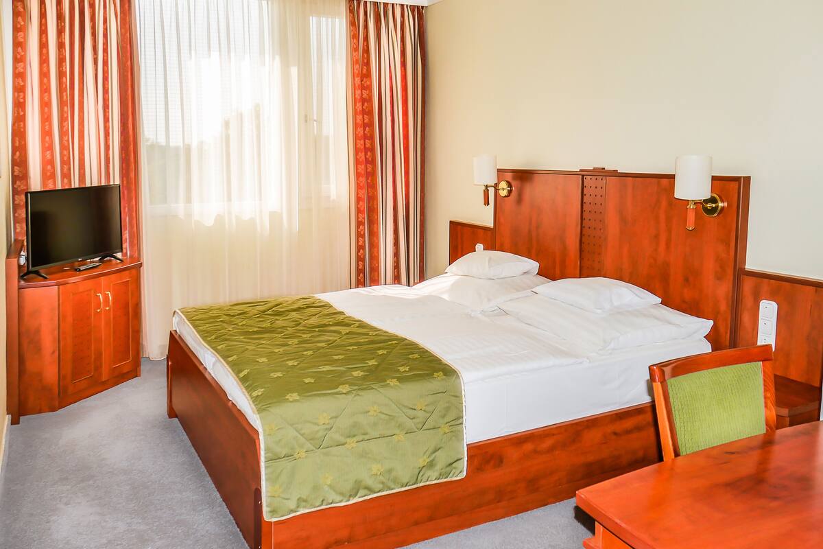 Habitación de hotel con una cama, televisión sobre un mueble de madera, escritorio y una silla.