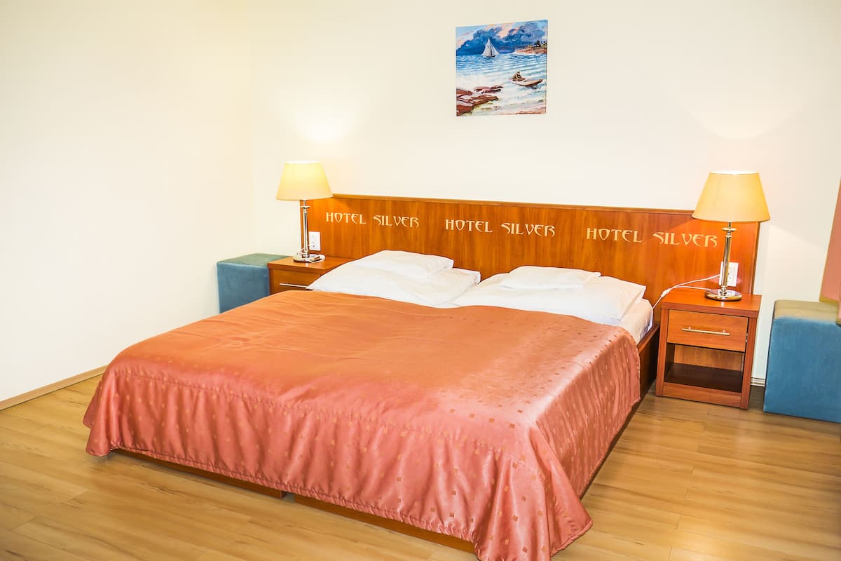 Una habitación de hotel con una cama grande, dos mesitas de noche y un cuadro en la pared.