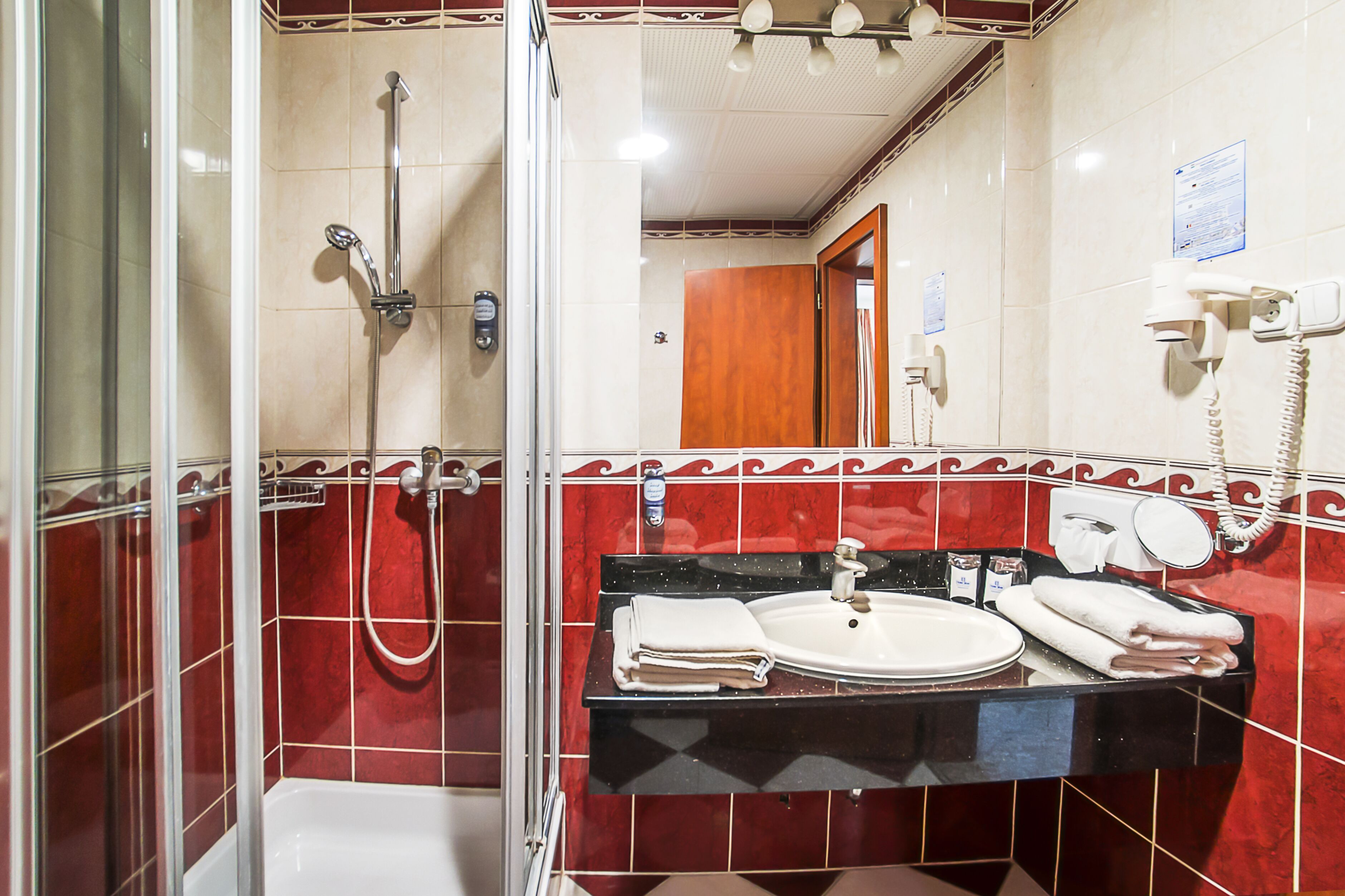 Une salle de bain avec une douche à parois de verre, un lavabo avec un miroir et un téléphone.
