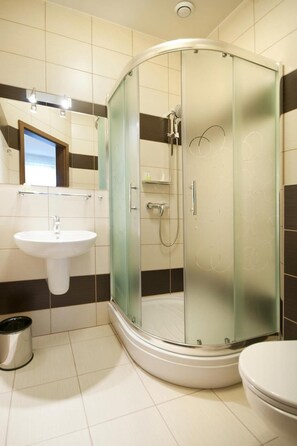 A modern bathroom with a glass-enclosed shower, a sink, and a toilet.