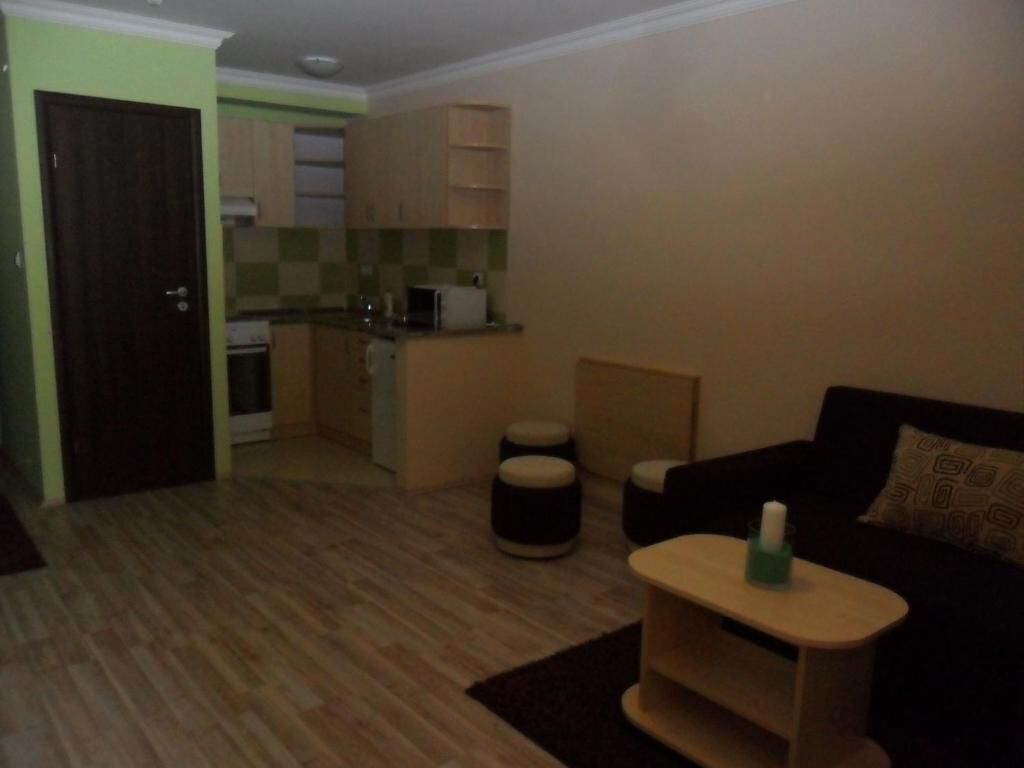 Un espacio habitable compacto con kitchenette, comedor y zona de estar.