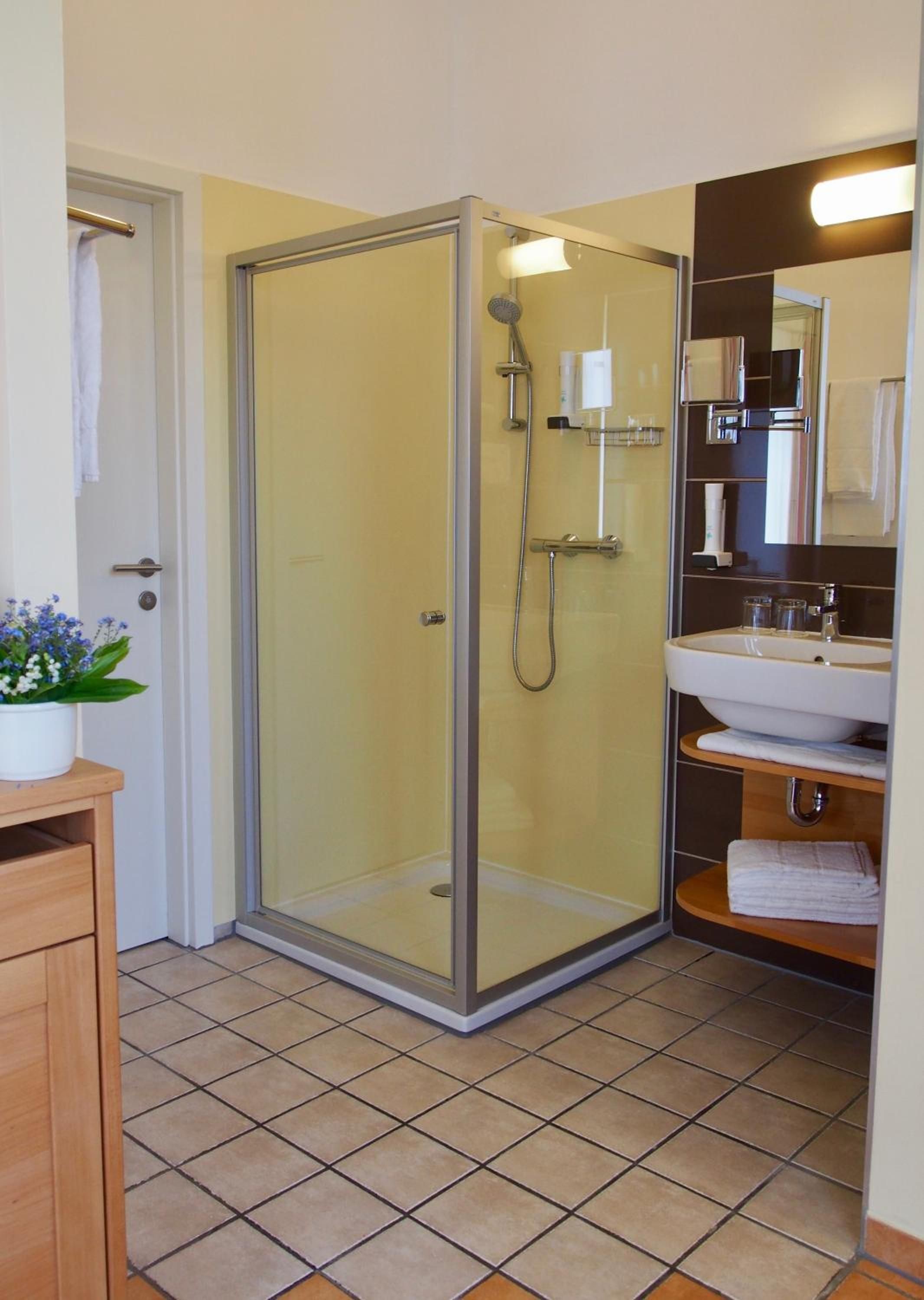 Un baño con ducha envuelta en vidrio, un lavamanos con espejo y un mueble de madera con una planta.