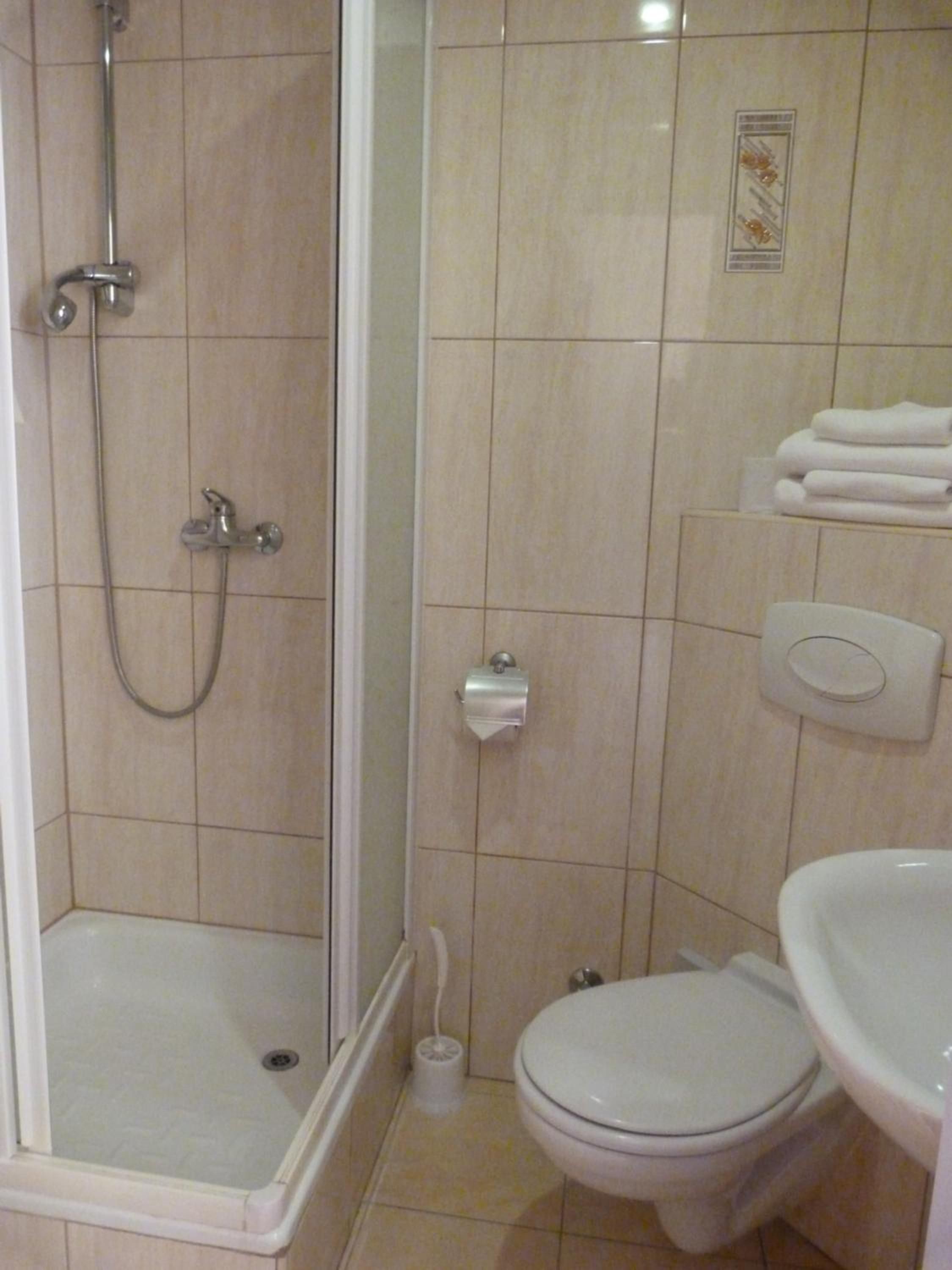 Een badkamer met douche, toilet en wastafel.