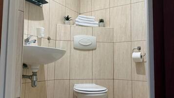 A modern bathroom with a toilet, sink, and shower area.