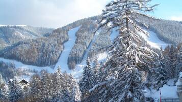Ett snötäckt berglandskap med en skidort, inklusive en skidlift och byggnader.
