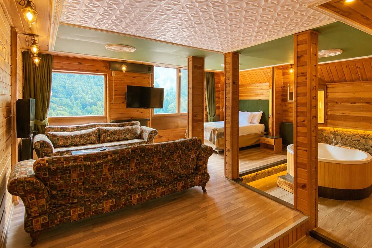 A wooden cabin interior with a sofa, a bed, a TV, and a bathtub.