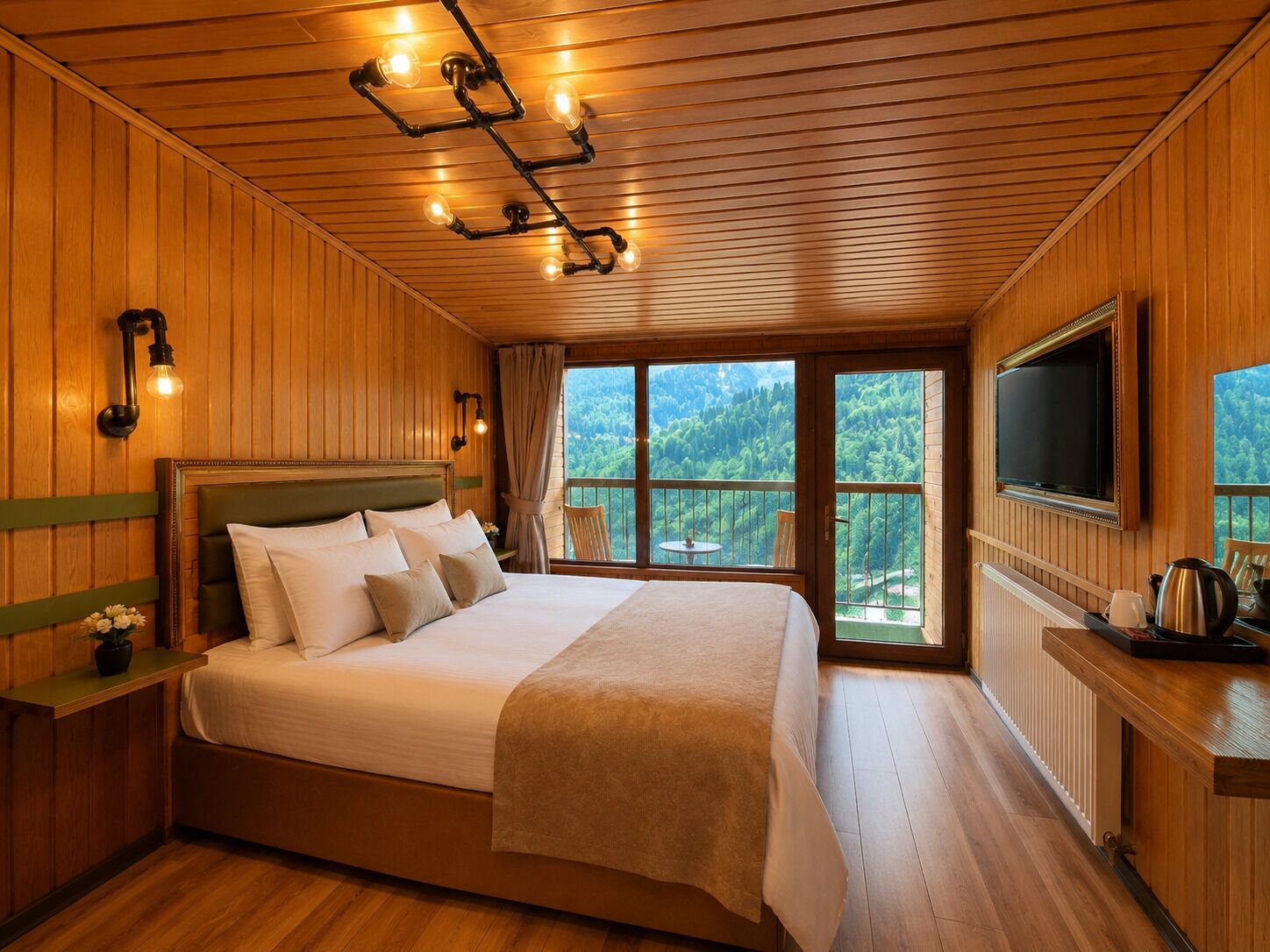 Quarto com painéis de madeira, uma cama grande, televisão e varanda com vista panorâmica.