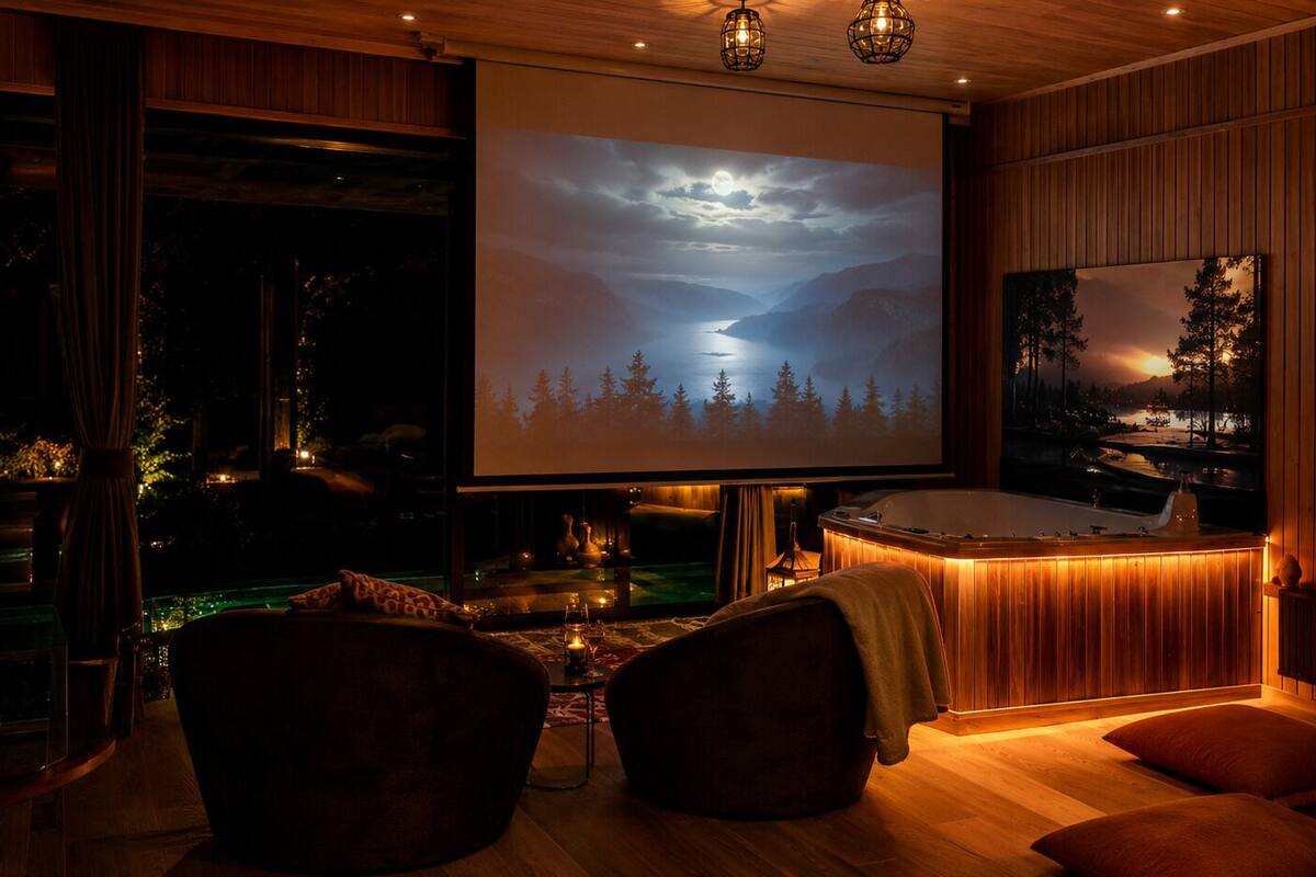 A cozy room with a large screen displaying a scenic view, a bar area with a pool, and comfortable seating.