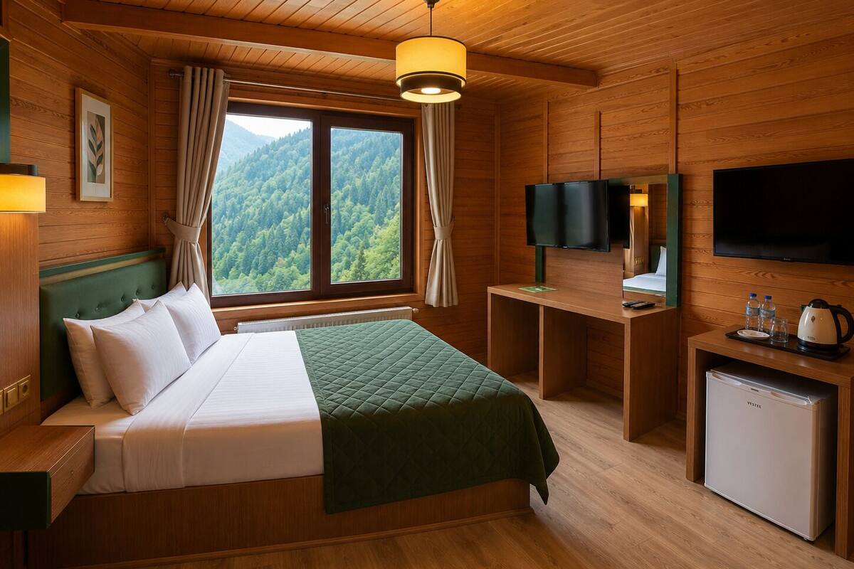 A wooden cabin room with a bed, a desk, a television, and a small refrigerator.
