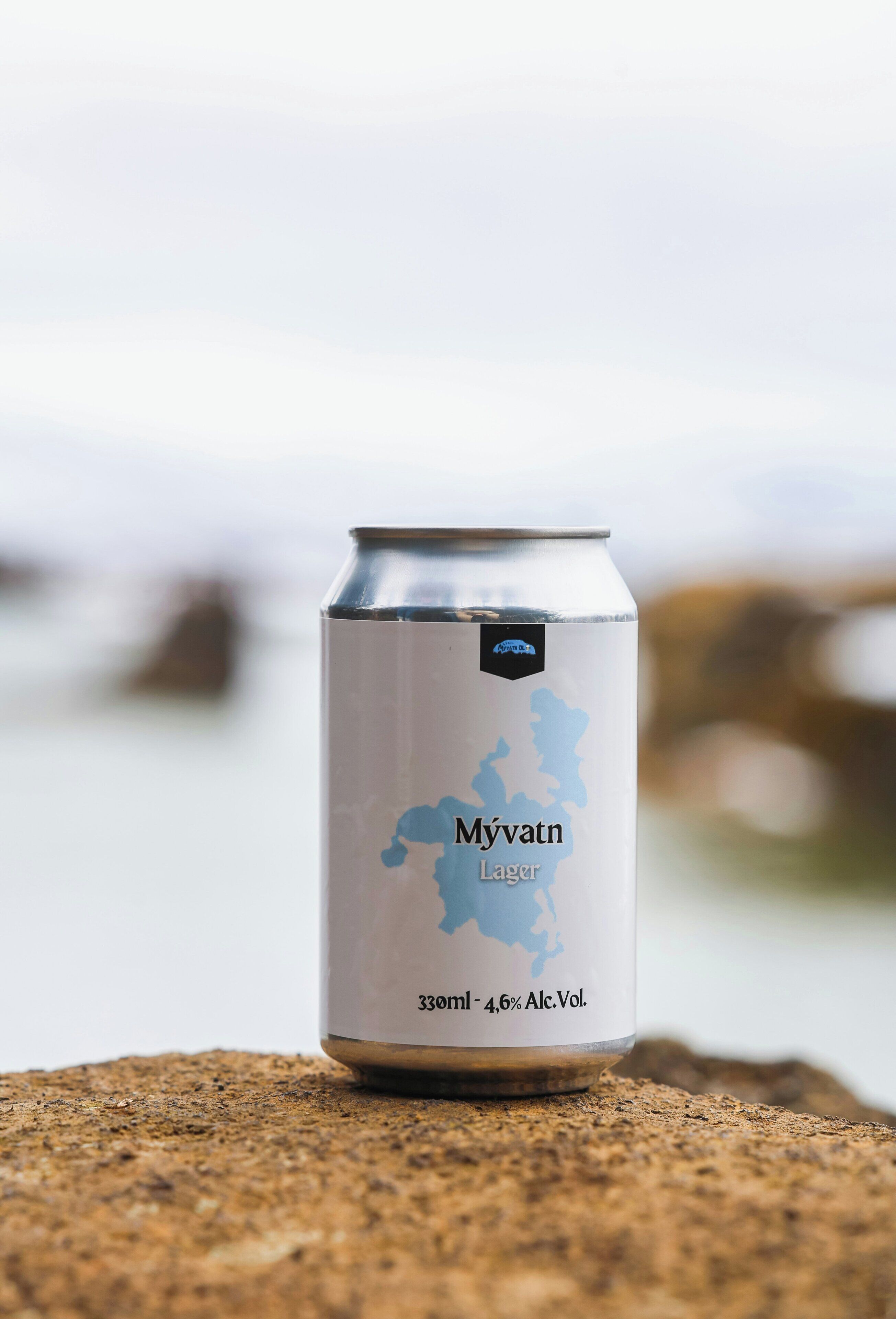 Una lattina di birra Myvatn Lager con una mappa dell'Islanda sull'etichetta, posizionata su una roccia vicino all'acqua.