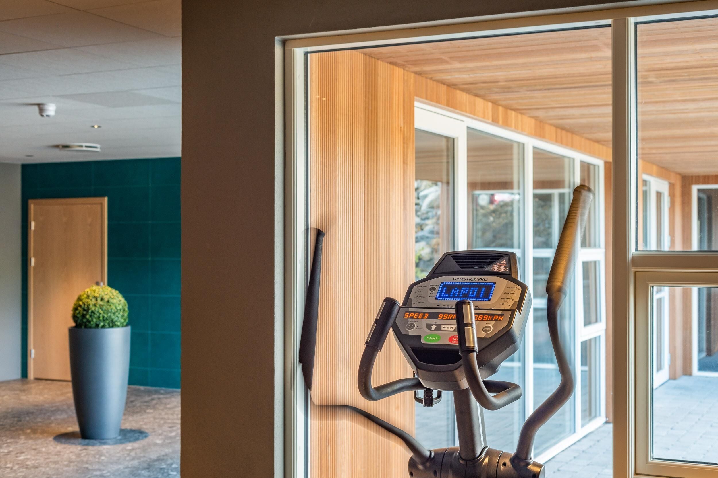 A gym area with a stationary bike, a potted plant, and a wooden wall.