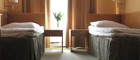 Une chambre d’hôtel avec deux lits simples, une table de chevet, une petite table et une plante en pot.