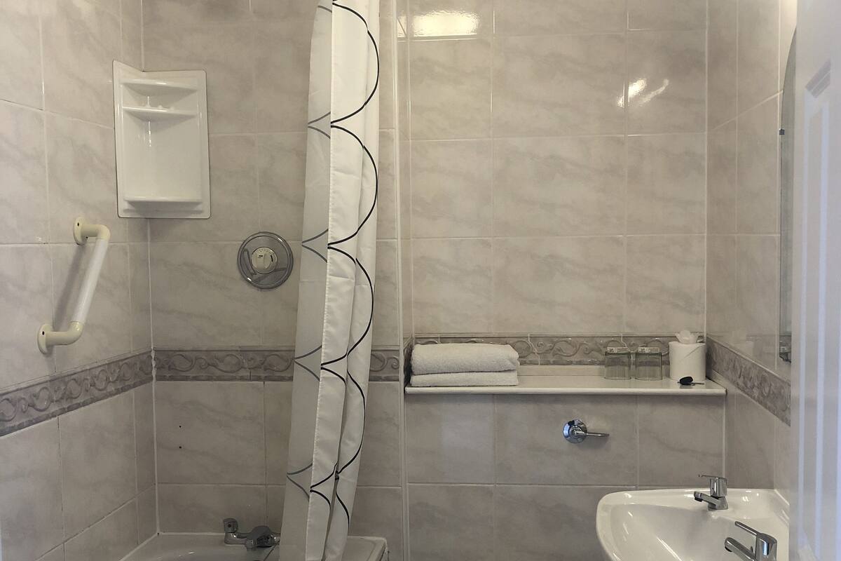 Shower, hair dryer, towels