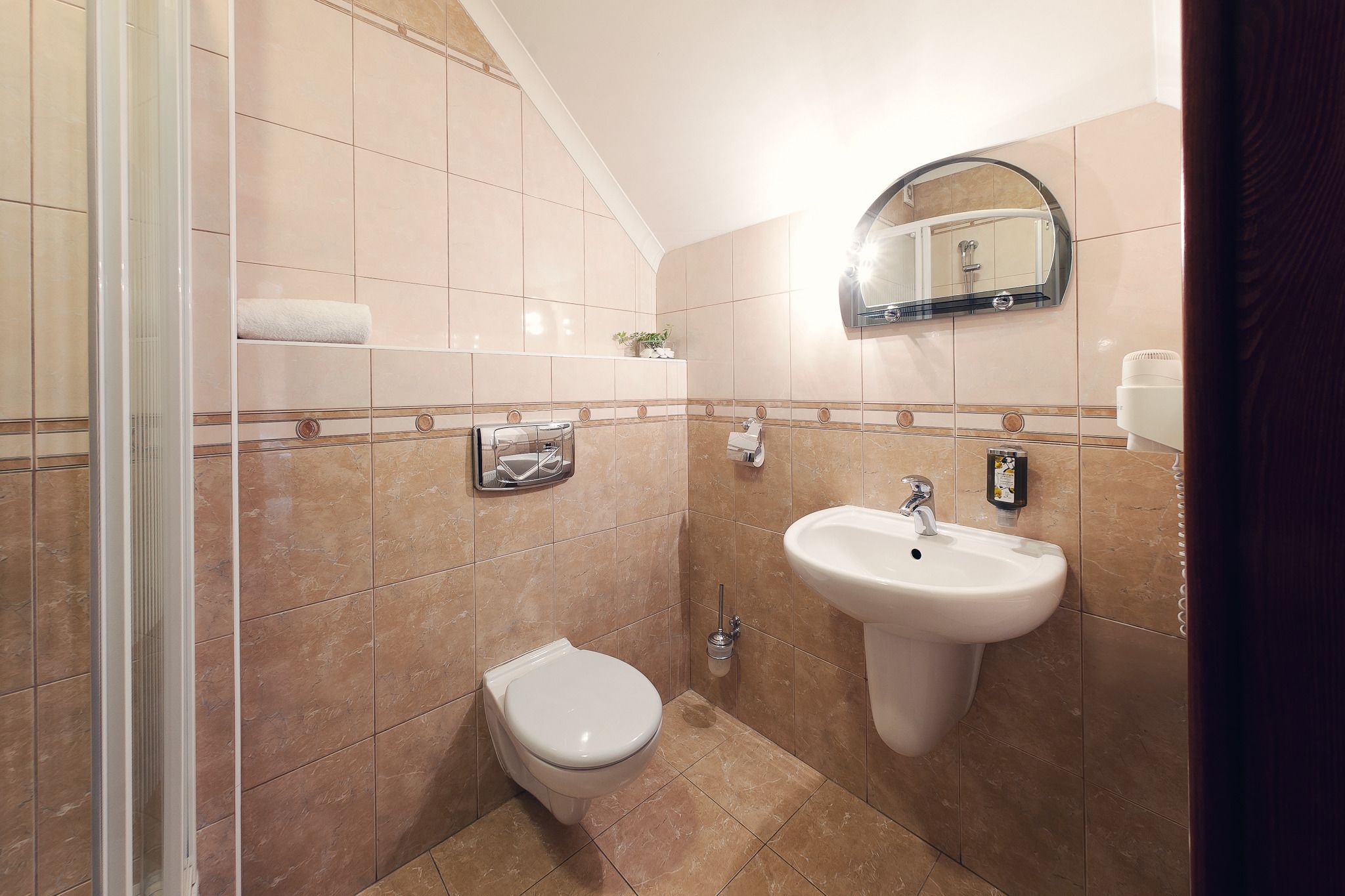 shower, free toiletries, hair dryer, towels