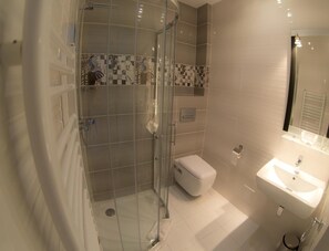A modern bathroom with a glass-enclosed shower, a toilet, and a sink.