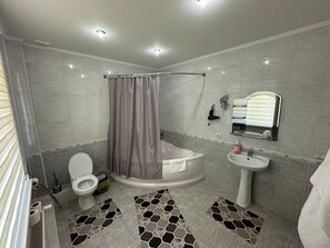 Habitación doble estándar | Baño | Amenidades de baño gratuitas, secadora de cabello, pantuflas, toallas 
