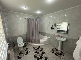 Habitación estándar doble | Baño | Artículos de higiene personal gratuitos, secador de pelo y zapatillas